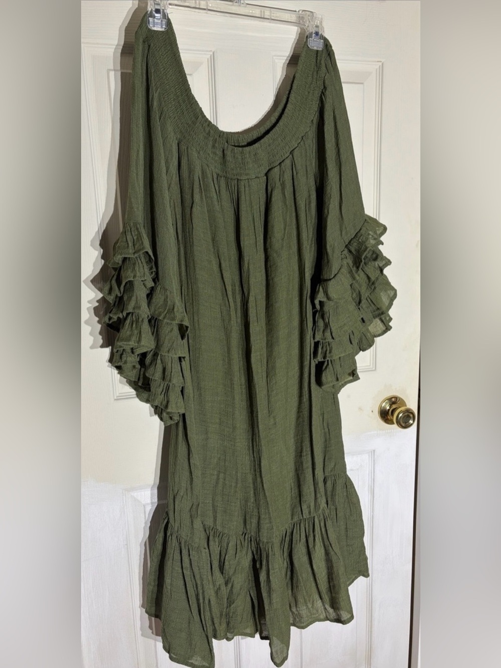 Ashley Stewart Olive Green Ruffle Sleeve Boho Dress 14/16 40 inches